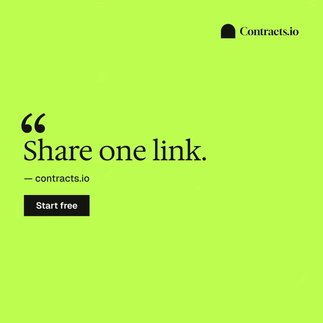 Instagram post for contracts.io: "Share one link." Swiss style, quote layout, light palette in green.