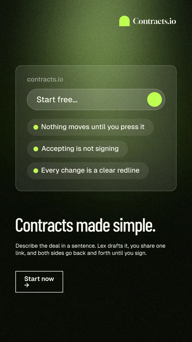 Instagram story for contracts.io: "Contracts made simple." Dark deco style, bottom layout, dark palette in black, green.