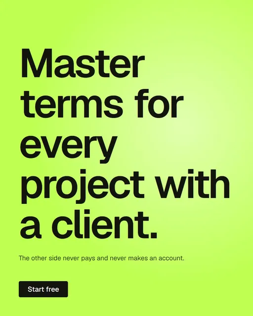 Video for contracts.io: "Master terms for every project with a client.". Kinetic type grid, 8.0 s, light palette.