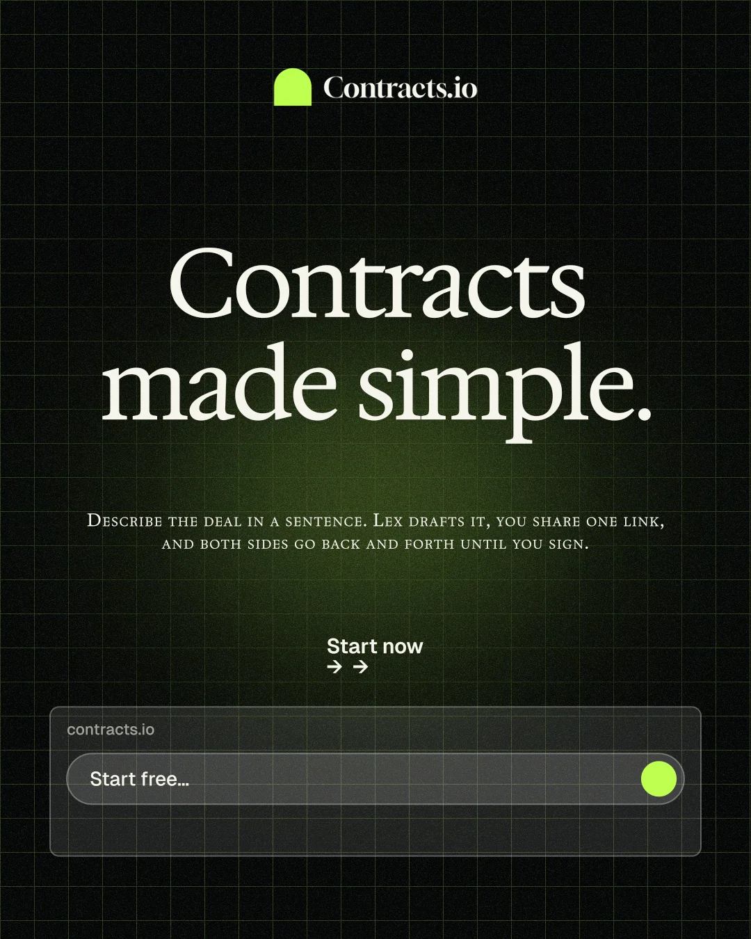 Instagram portrait post for contracts.io: "Contracts made simple." Phosphor atlas style, smallcaps layout, dark palette in black, grey.