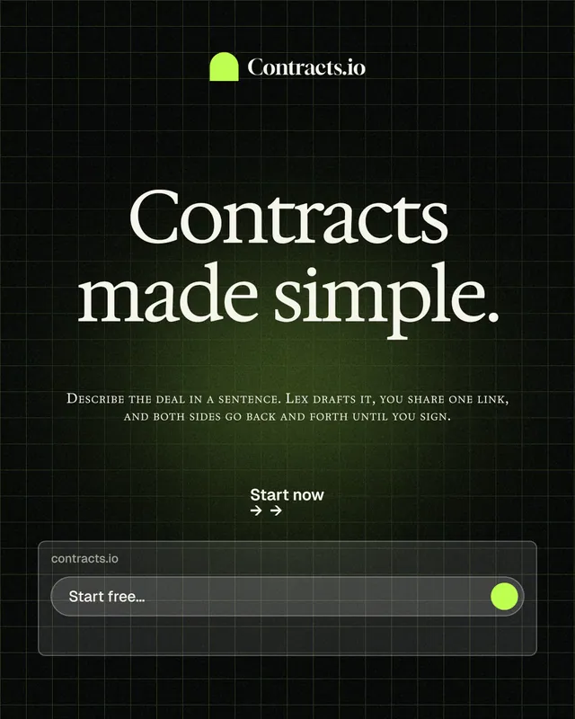 Instagram portrait post for contracts.io: "Contracts made simple." Phosphor atlas style, smallcaps layout, dark palette in black, grey.