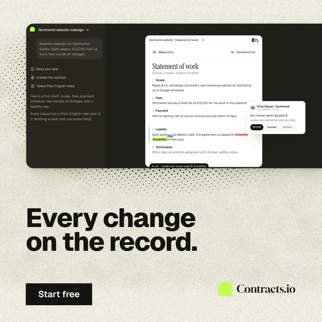 Instagram post for contracts.io: "Every change on the record." Ink sticker style, bottom layout, light palette in yellow, black, white.