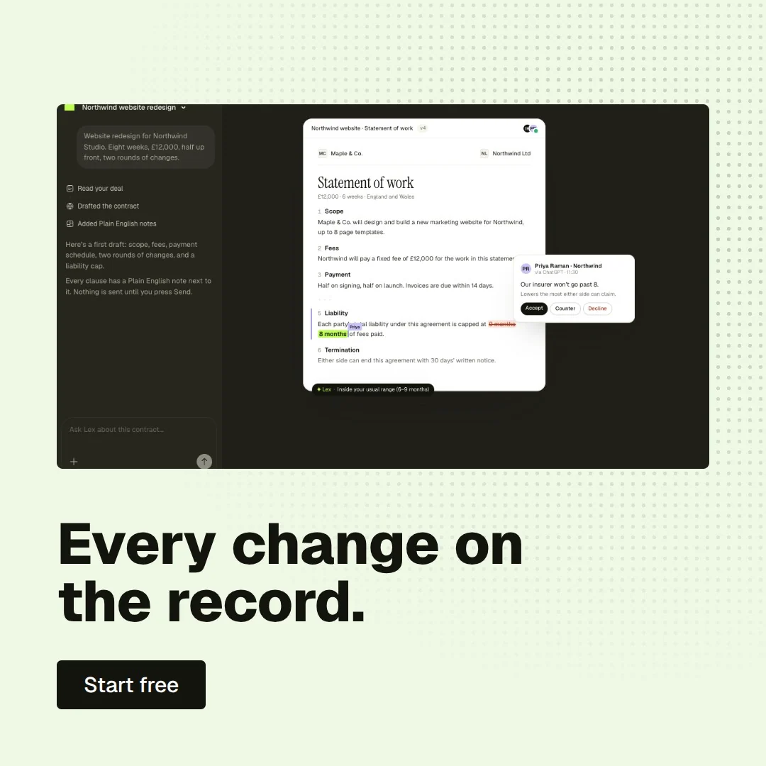 Video for contracts.io: "Every change on the record.". Doc motion loop, 6.0 s, light palette.