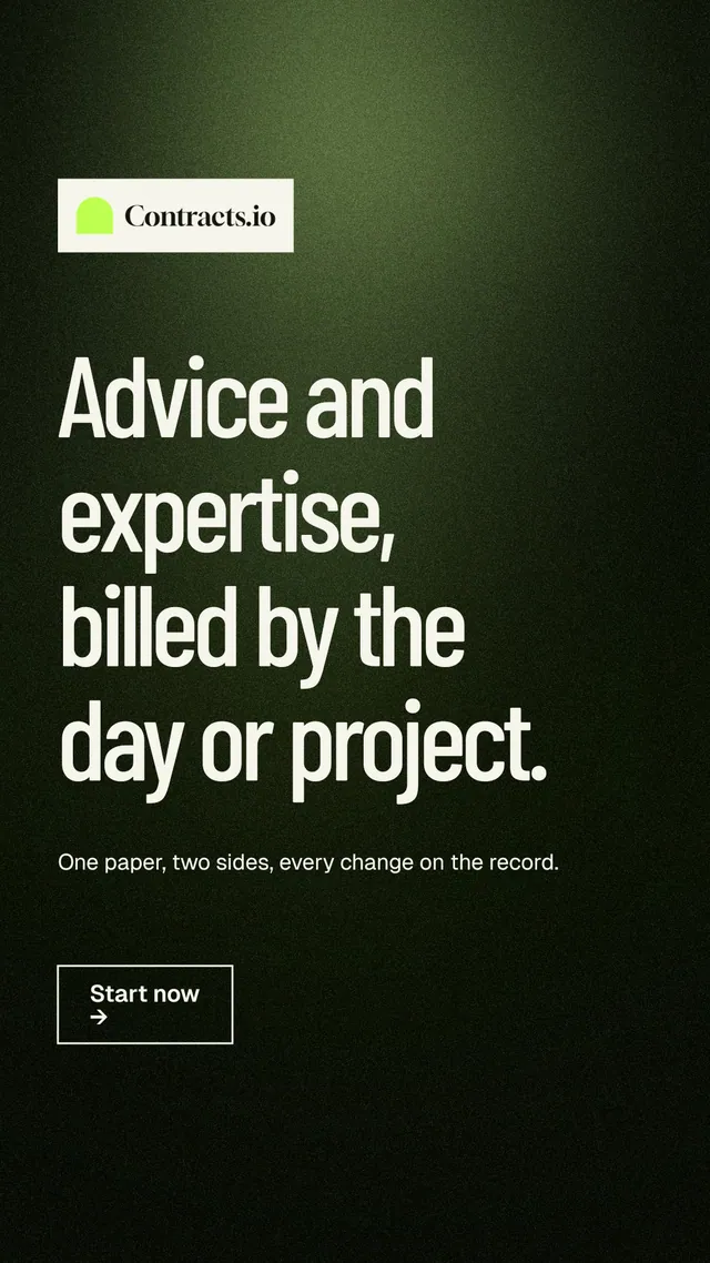 Instagram story for contracts.io: "Advice and expertise, billed by the day or project." Dark deco style, announce layout, dark palette in green, black, grey.