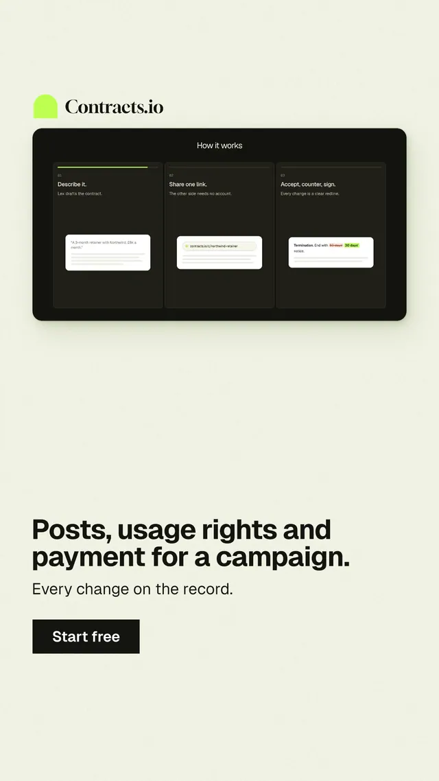 Instagram story for contracts.io: "Posts, usage rights and payment for a campaign." Swiss style, bottom layout, light palette in white, black, green.