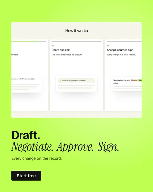 Video for contracts.io: "Draft. Negotiate. Approve. Sign.". Doc motion loop, 8.0 s, light palette.