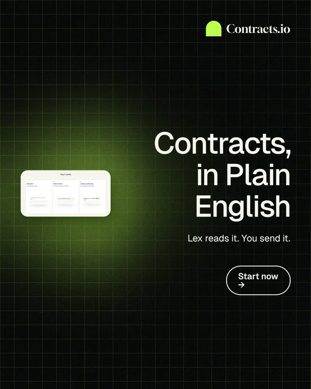 Instagram portrait post for contracts.io: "Contracts, in Plain English". Phosphor atlas style, right layout, dark palette in black, grey.