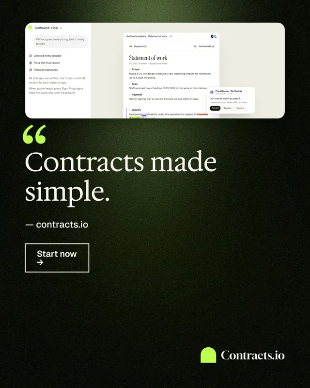 Instagram portrait post for contracts.io: "Contracts made simple." Dark deco style, quote layout, dark palette in black, white, green.