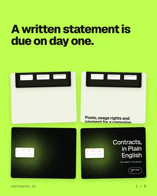 Carousel for contracts.io: "A written statement is due on day one.". Collection carousel, 8 slides, light palette.