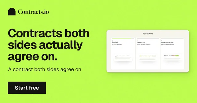 Social ad for contracts.io: "Contracts both sides actually agree on." Swiss style, bottom layout, light palette in green.