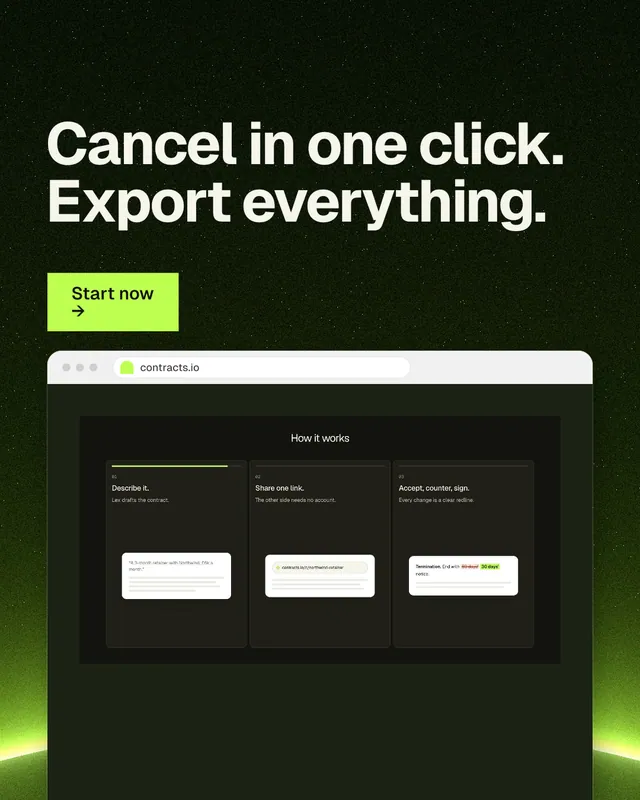 Instagram portrait post for contracts.io: "Cancel in one click. Export everything." Swiss style, browser layout, dark palette in black, green.