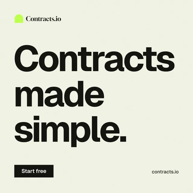 Instagram post for contracts.io: "Contracts made simple." Swiss style, poster layout, light palette in white, grey.