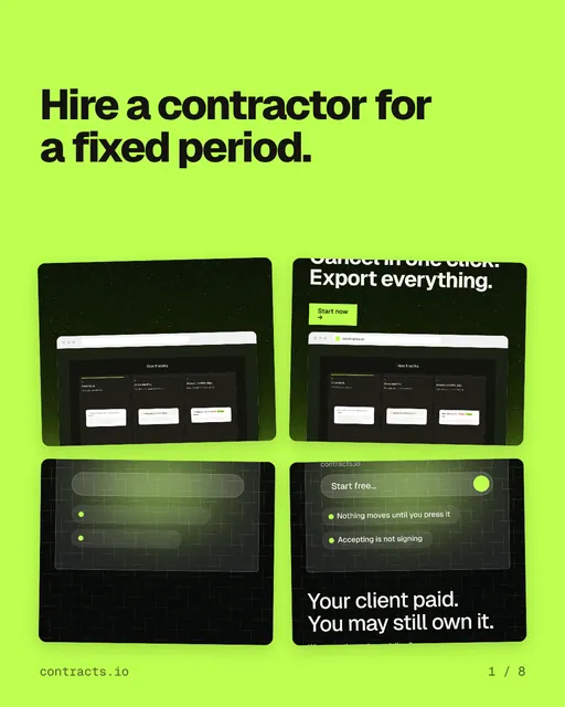 Carousel for contracts.io: "Hire a contractor for a fixed period.". Collection carousel, 8 slides, light palette.