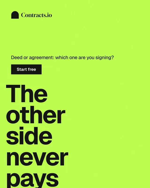 Instagram portrait post for contracts.io: "The other side never pays." Swiss style, oversized layout, light palette in green.