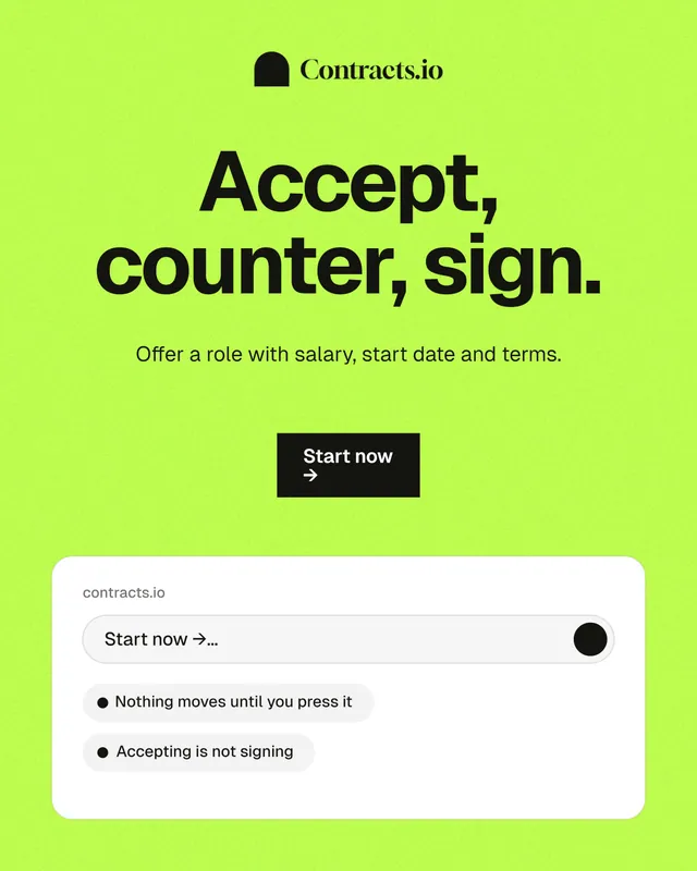 Instagram portrait post for contracts.io: "Accept, counter, sign." Swiss style, centred layout, light palette in green.