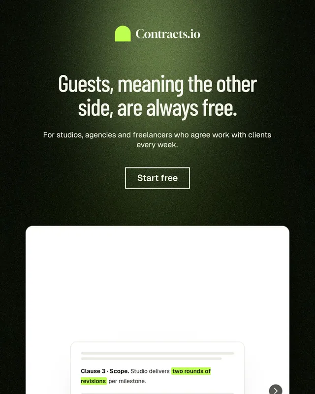 Instagram portrait post for contracts.io: "Guests, meaning the other side, are always free." Dark deco style, centred layout, light palette in black, white, green.