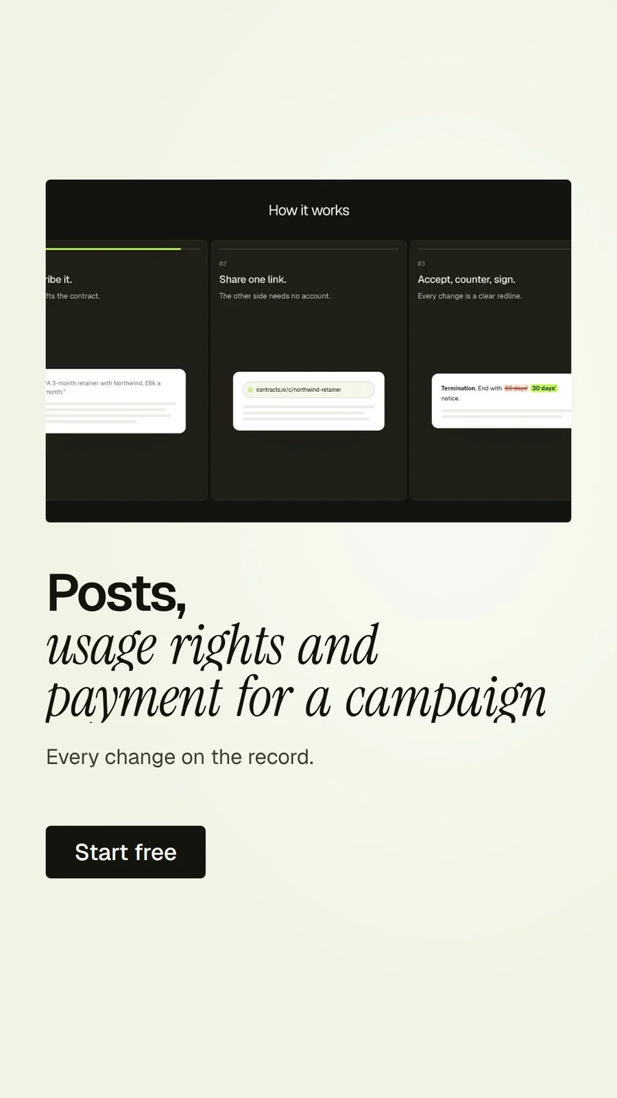 Video for contracts.io: "Posts, usage rights and payment for a campaign.". Kinetic type grid, 7.0 s, light palette.