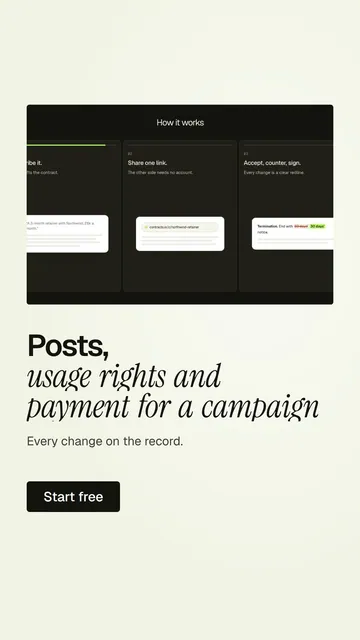 Video for contracts.io: "Posts, usage rights and payment for a campaign.". Kinetic type grid, 7.0 s, light palette.