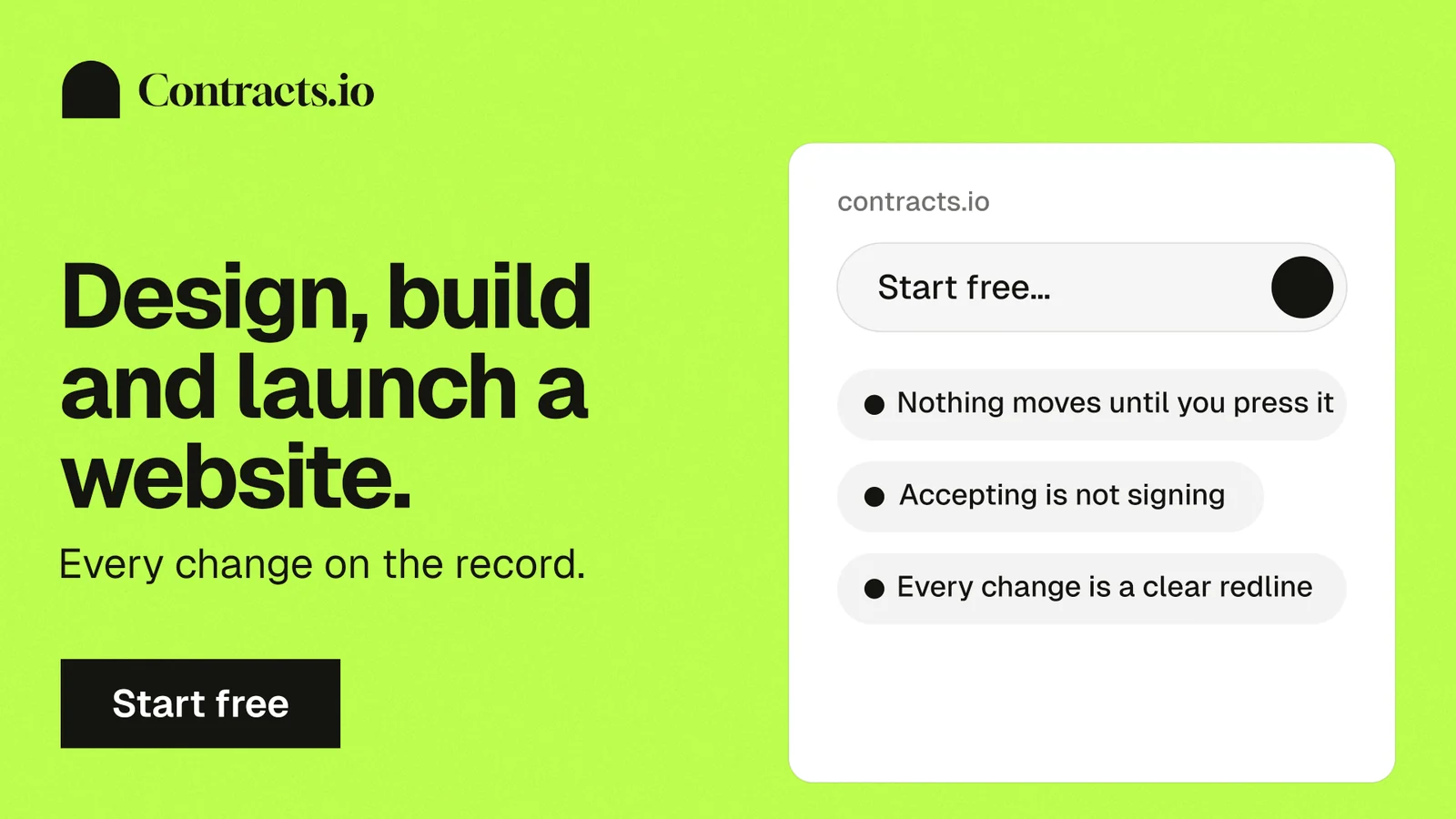 Landscape graphic for contracts.io: "Design, build and launch a website." Swiss style, bottom layout, light palette in green, white.