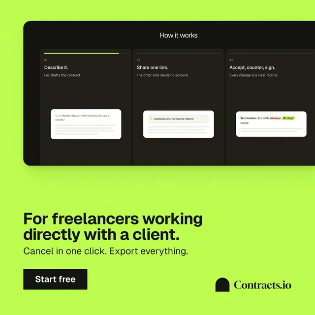 Instagram post for contracts.io: "For freelancers working directly with a client." Swiss style, bottom layout, light palette in green, black.