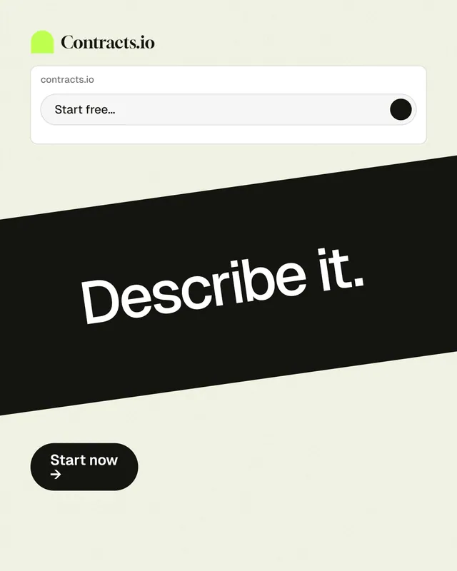 Instagram portrait post for contracts.io: "Describe it." Data card style, diagonal layout, light palette in white, black, green.