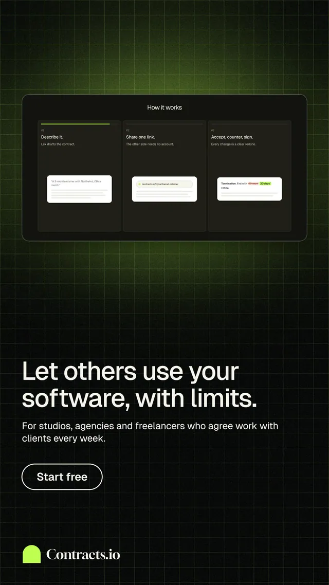 Instagram story for contracts.io: "Let others use your software, with limits." Phosphor atlas style, bottom layout, dark palette in black, grey.