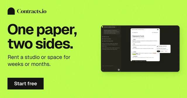 Social ad for contracts.io: "One paper, two sides." Swiss style, bottom layout, light palette in green.