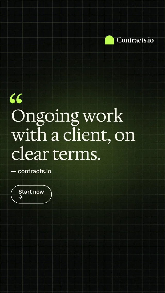 Instagram story for contracts.io: "Ongoing work with a client, on clear terms." Phosphor atlas style, quote layout, dark palette in black, green.