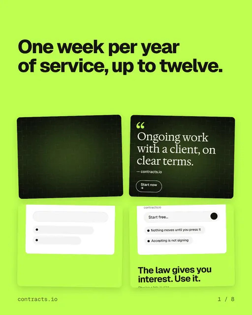 Carousel for contracts.io: "One week per year of service, up to twelve.". Collection carousel, 8 slides, light palette.