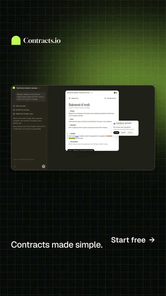 Instagram story for contracts.io: "Contracts made simple." Phosphor atlas style, image led layout, dark palette in black, grey.