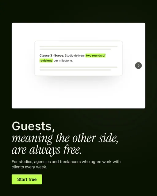 Video for contracts.io: "Guests, meaning the other side, are always free.". Doc motion loop, 6.0 s, dark palette.