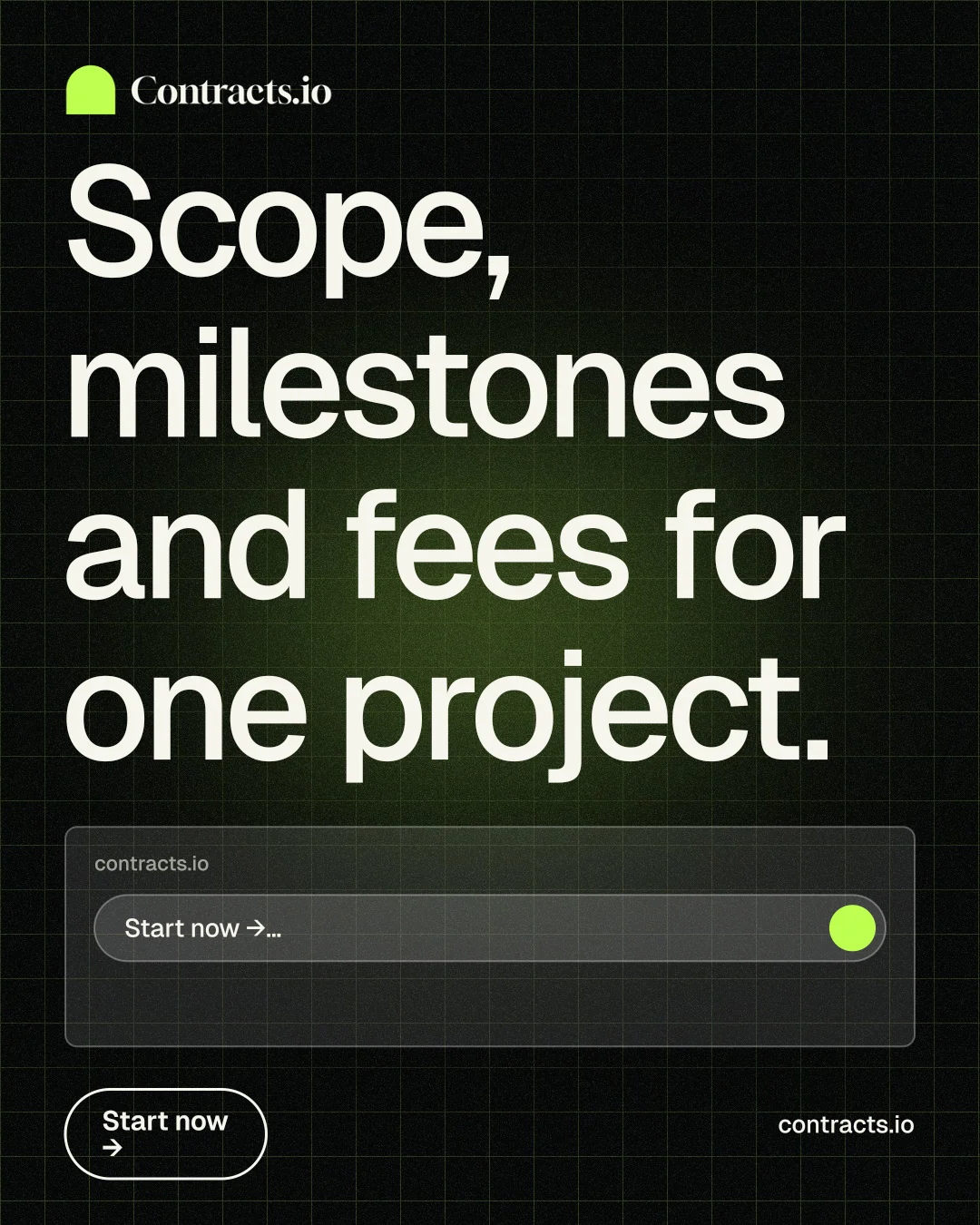 Instagram portrait post for contracts.io: "Scope, milestones and fees for one project." Phosphor atlas style, poster layout, dark palette in black, grey.