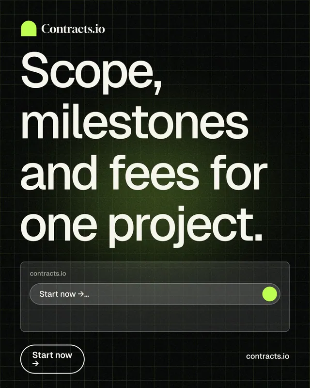 Instagram portrait post for contracts.io: "Scope, milestones and fees for one project." Phosphor atlas style, poster layout, dark palette in black, grey.