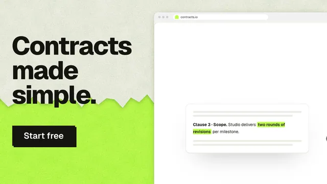 Landscape graphic for contracts.io: "Contracts made simple." Paper trio style, browser layout, light palette in white, green, grey.