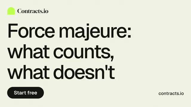 Landscape graphic for contracts.io: "Force majeure: what counts, what doesn't". Data card style, poster layout, light palette in white, grey.