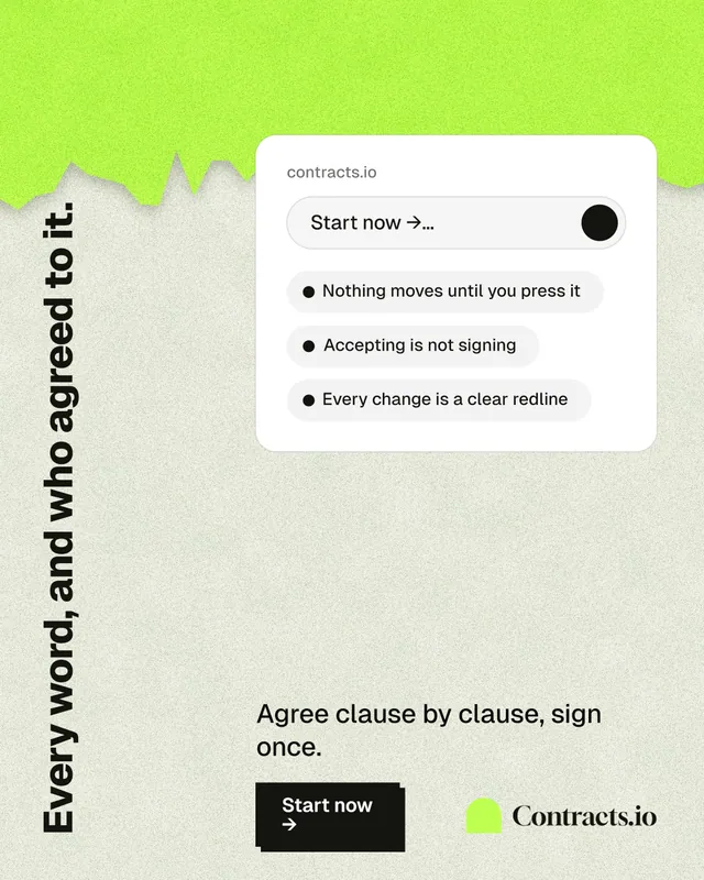 Instagram portrait post for contracts.io: "Every word, and who agreed to it." Paper trio style, vertical layout, light palette in green, white, grey.