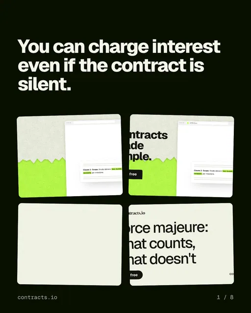 Carousel for contracts.io: "You can charge interest even if the contract is silent.". Collection carousel, 8 slides, light palette.