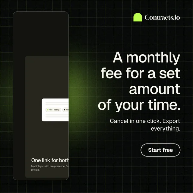 Instagram post for contracts.io: "A monthly fee for a set amount of your time." Phosphor atlas style, right layout, dark palette in black, grey.