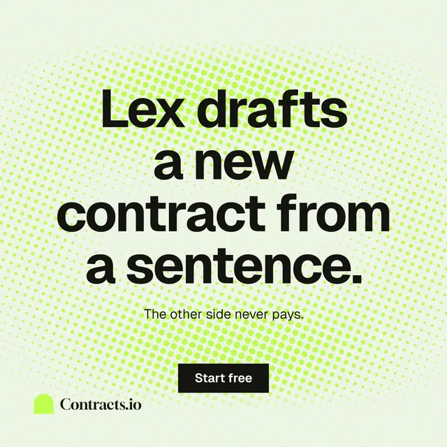 Instagram post for contracts.io: "Lex drafts a new contract from a sentence." Swiss style, centred layout, light palette in white, green, grey.
