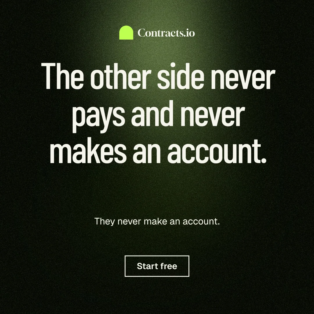 Instagram post for contracts.io: "The other side never pays and never makes an account." Dark deco style, centred layout, dark palette in black, grey.