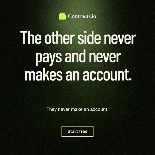 Instagram post for contracts.io: "The other side never pays and never makes an account." Dark deco style, centred layout, dark palette in black, grey.