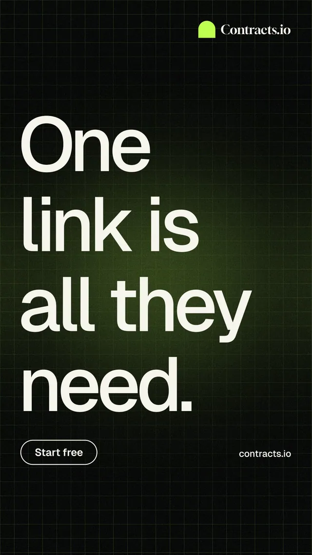 Instagram story for contracts.io: "One link is all they need." Phosphor atlas style, poster layout, dark palette in black, grey.