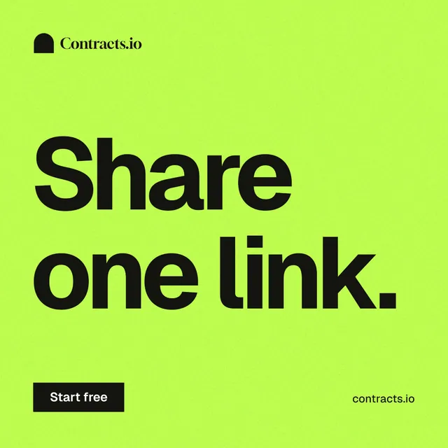 Instagram post for contracts.io: "Share one link." Swiss style, poster layout, light palette in green.
