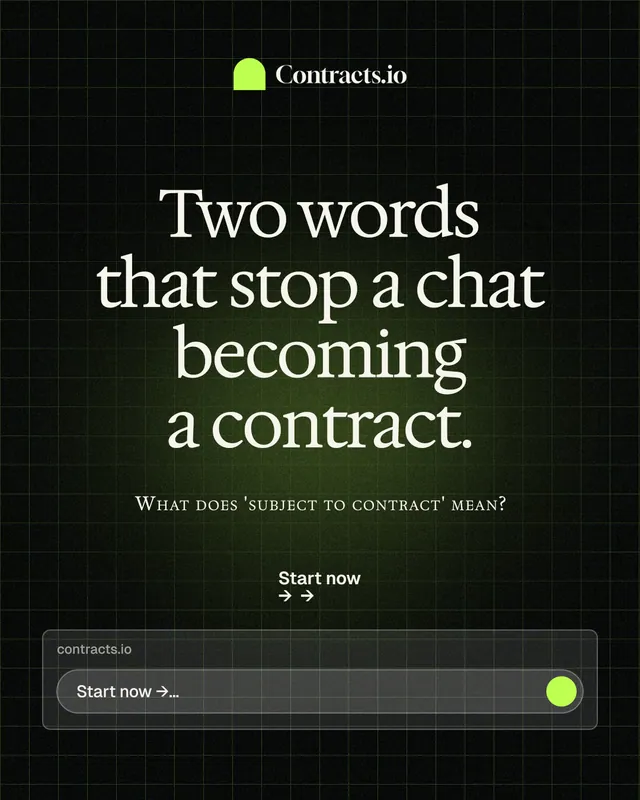 Instagram portrait post for contracts.io: "Two words that stop a chat becoming a contract." Phosphor atlas style, smallcaps layout, dark palette in black, grey.