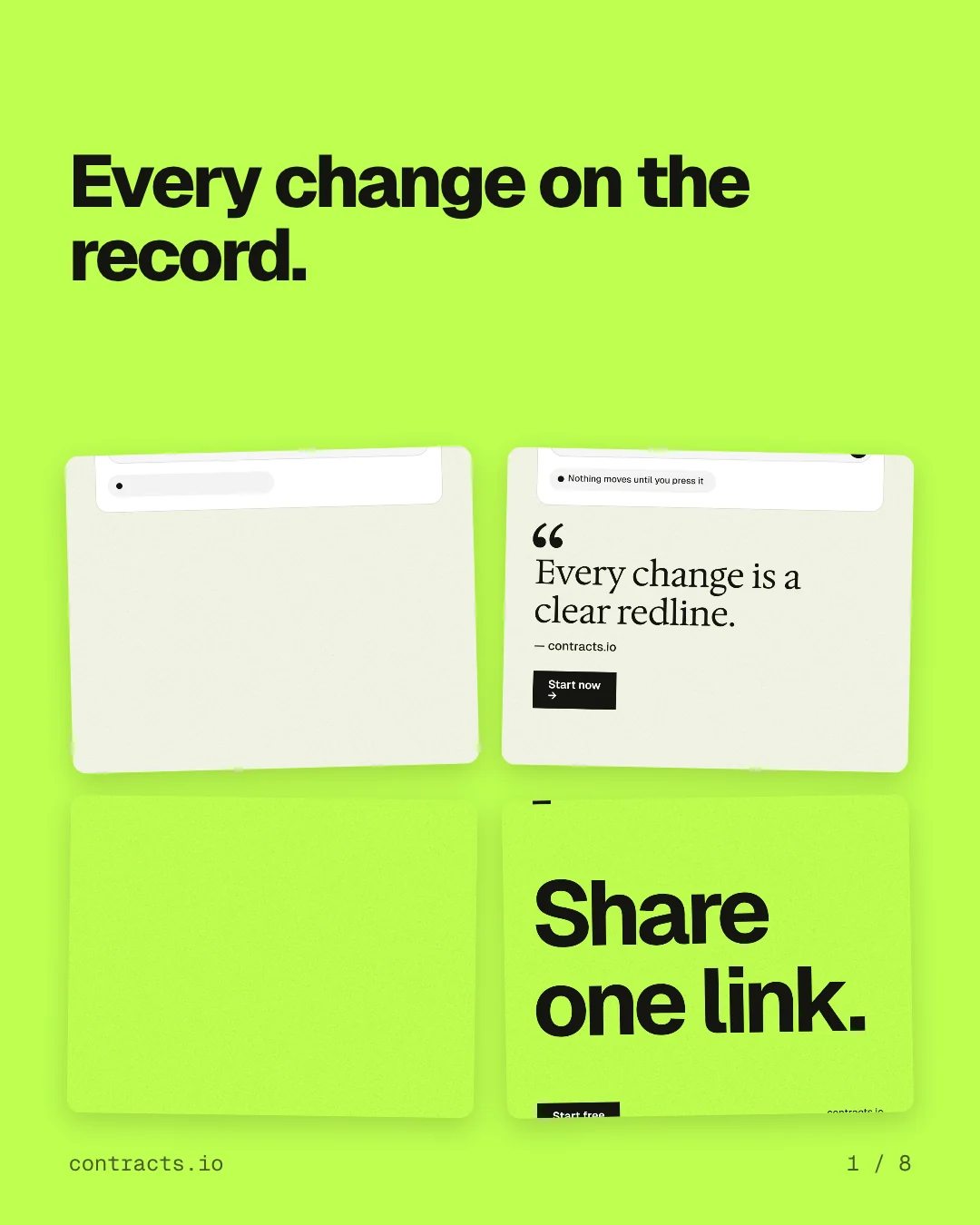 Carousel for contracts.io: "Every change on the record.". Collection carousel, 8 slides, light palette.