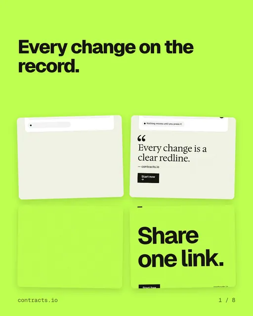 Carousel for contracts.io: "Every change on the record.". Collection carousel, 8 slides, light palette.