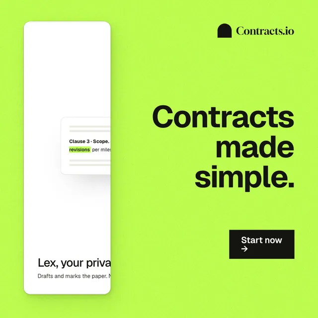 Instagram post for contracts.io: "Contracts made simple." Swiss style, right layout, light palette in green.