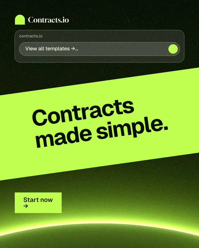 Instagram portrait post for contracts.io: "Contracts made simple." Swiss style, diagonal layout, light palette in green, black.