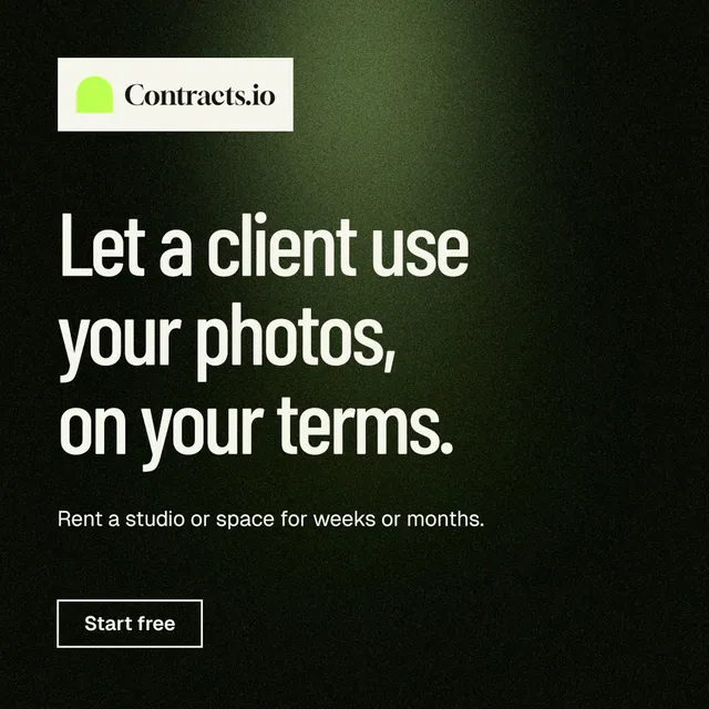 Instagram post for contracts.io: "Let a client use your photos, on your terms." Dark deco style, announce layout, dark palette in black, grey.