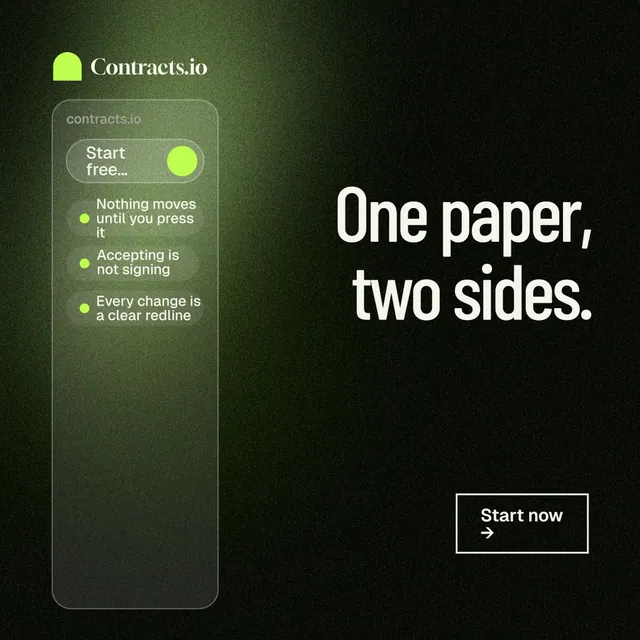 Instagram post for contracts.io: "One paper, two sides." Dark deco style, right layout, dark palette in black, green, grey.